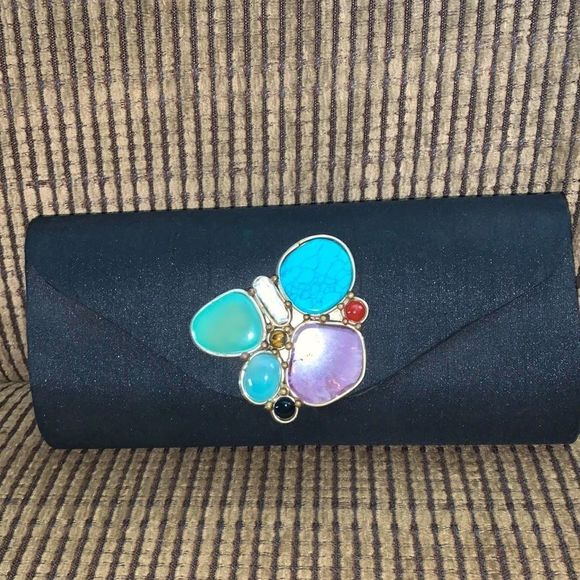 Vintage Handbags - Vintage black clutch with semi precious stones.